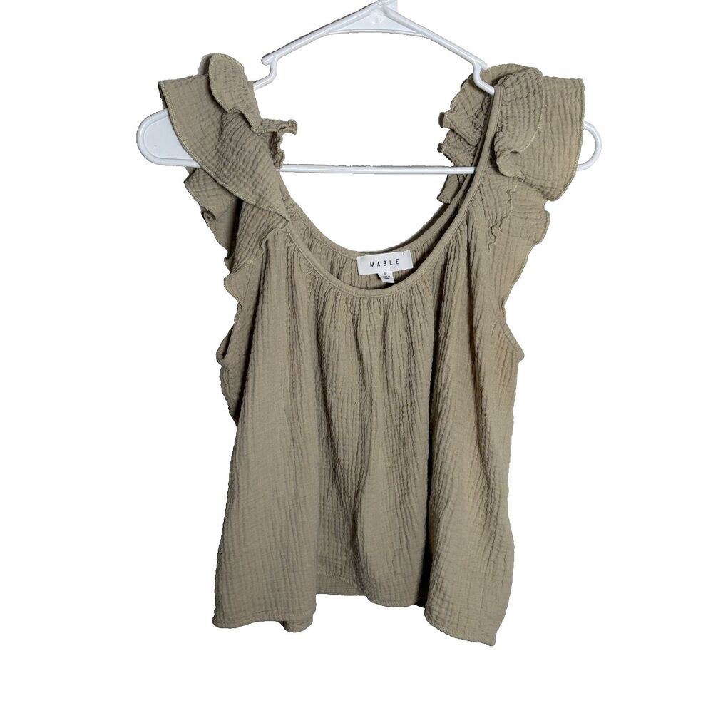 Mable Tank Top Women's Small Gauze Ruffle Beige Summer Round Neck Shirt
